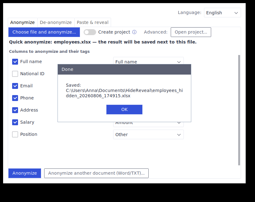 Confirmation dialog showing the anonymized file was saved