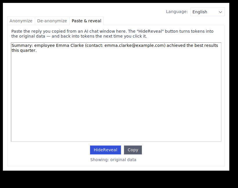 The same text after clicking HideReveal, with the original data restored